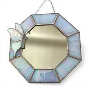 Stained Glass Iridescent Framed Octagonal Butterfly Mirror VTG Handmade 8 1/4”